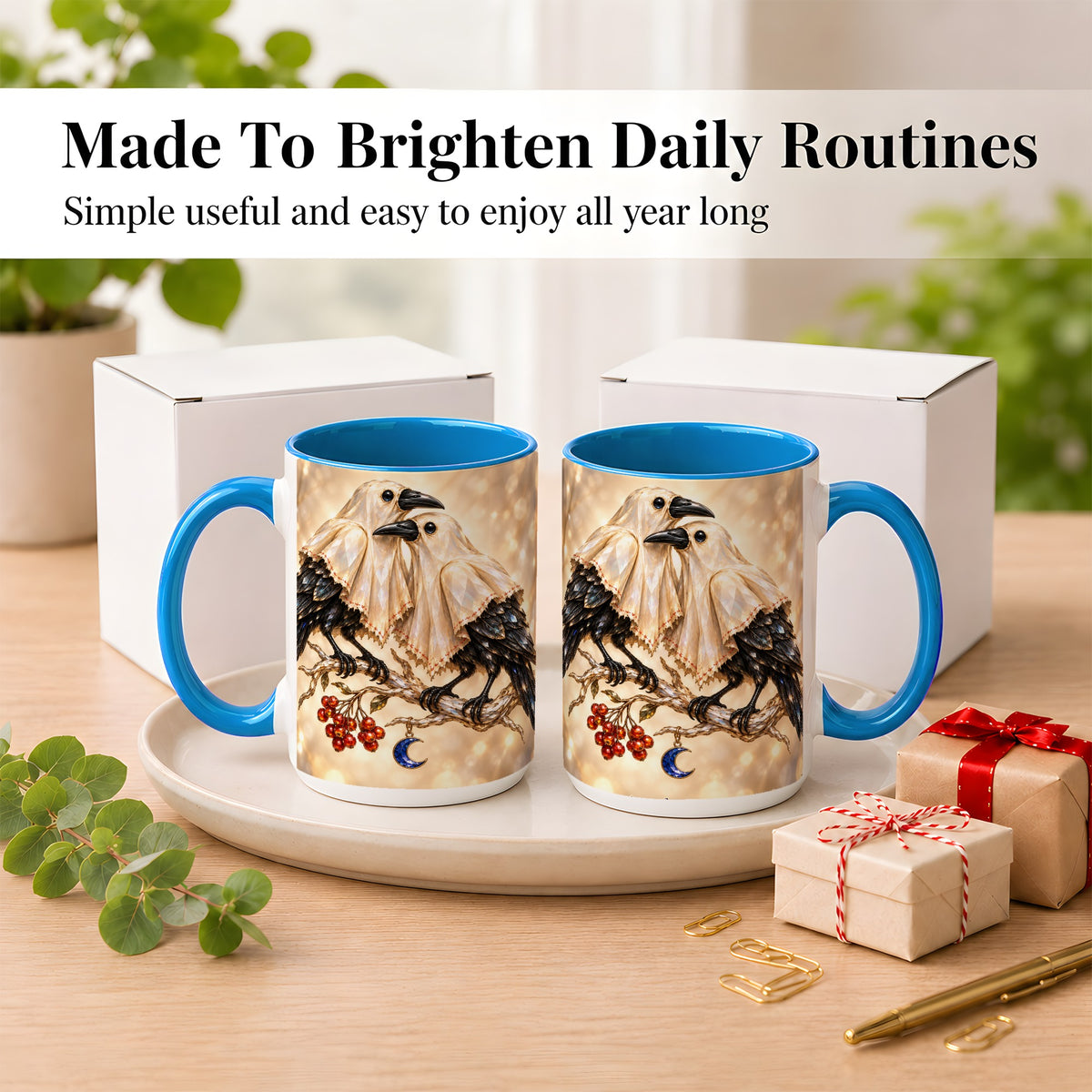 #pl[15oz|Blue] Crystal Raven Coffee Mug, Moonlit Bird Mug, Ceramic Cup