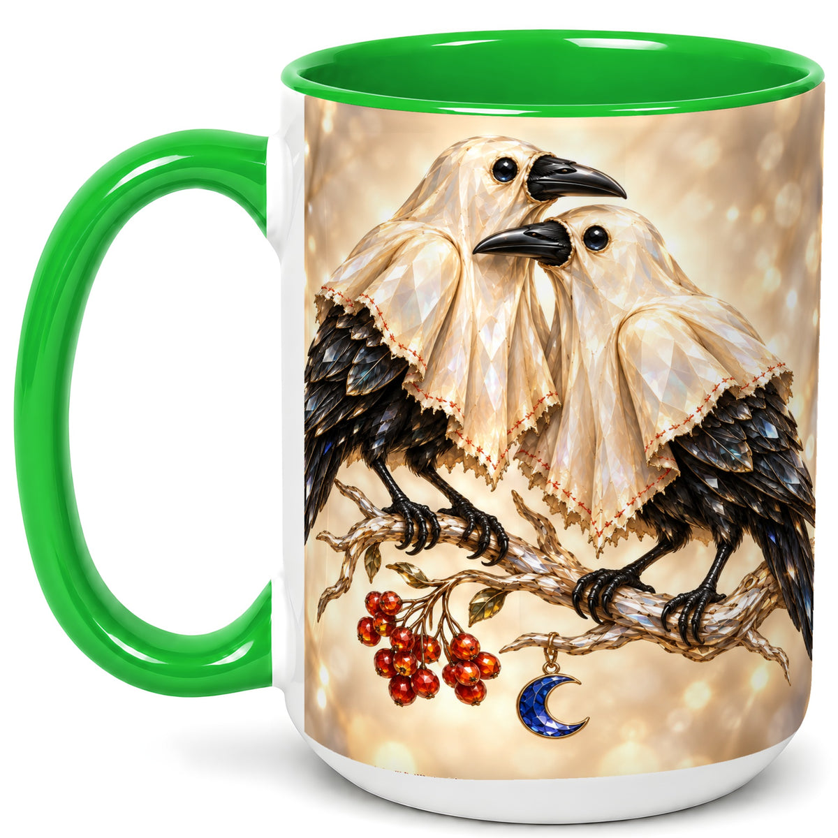 #pl[15oz|Green] Crystal Raven Coffee Mug, Moonlit Bird Mug, Ceramic Cup