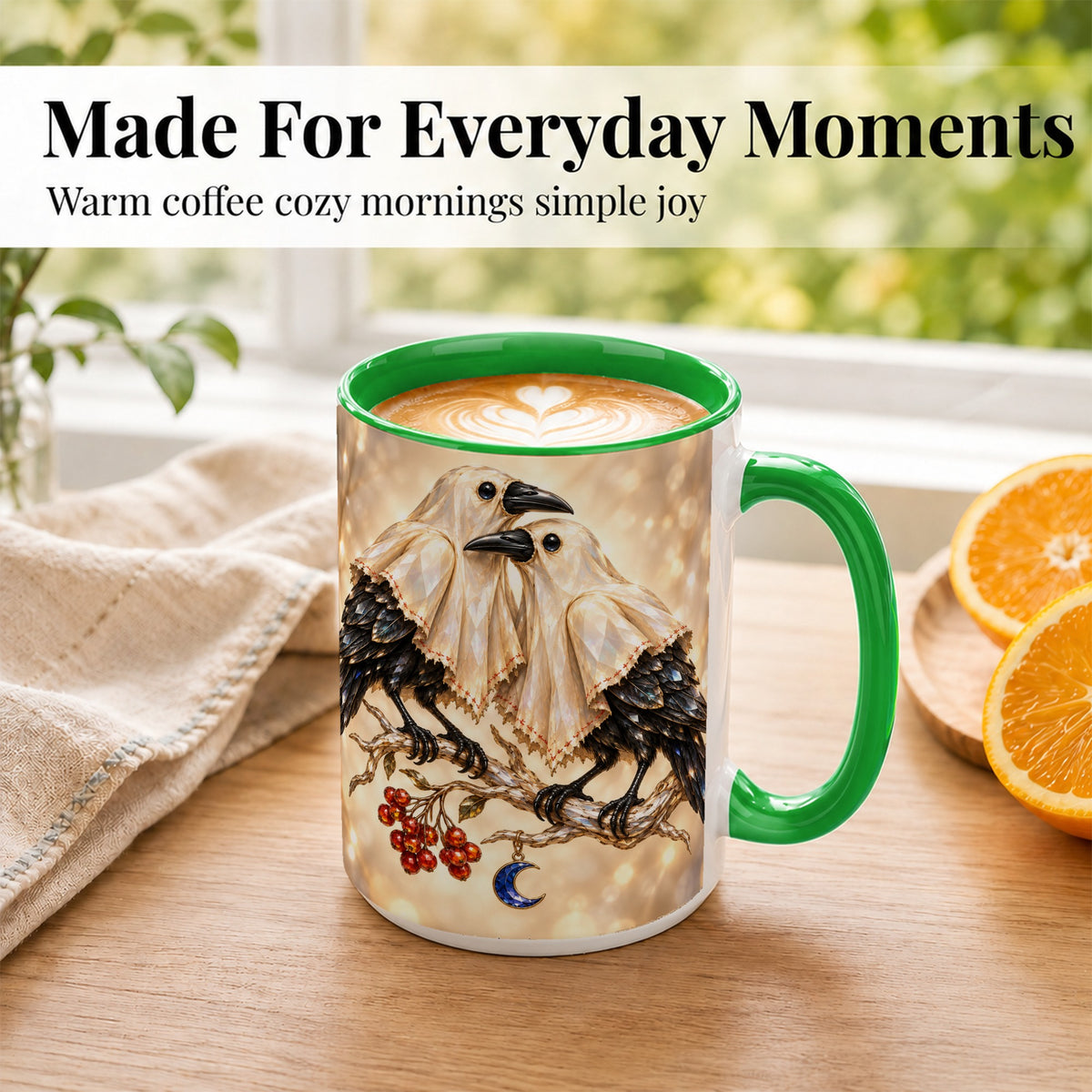 #pl[15oz|Green] Crystal Raven Coffee Mug, Moonlit Bird Mug, Ceramic Cup