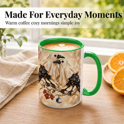 #pl[15oz|Green] Crystal Raven Coffee Mug, Moonlit Bird Mug, Ceramic Cup