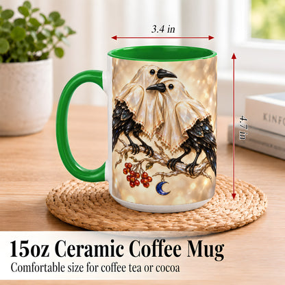 #pl[15oz|Green] Crystal Raven Coffee Mug, Moonlit Bird Mug, Ceramic Cup