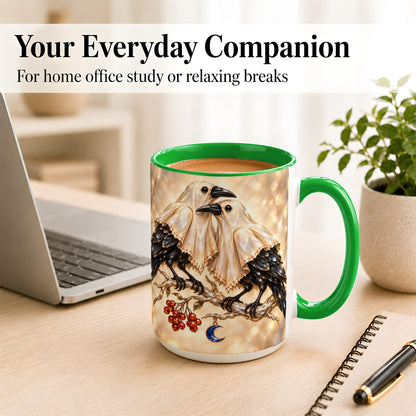 #pl[15oz|Green] Crystal Raven Coffee Mug, Moonlit Bird Mug, Ceramic Cup