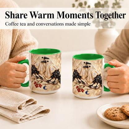#pl[15oz|Green] Crystal Raven Coffee Mug, Moonlit Bird Mug, Ceramic Cup