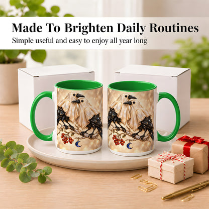 #pl[15oz|Green] Crystal Raven Coffee Mug, Moonlit Bird Mug, Ceramic Cup