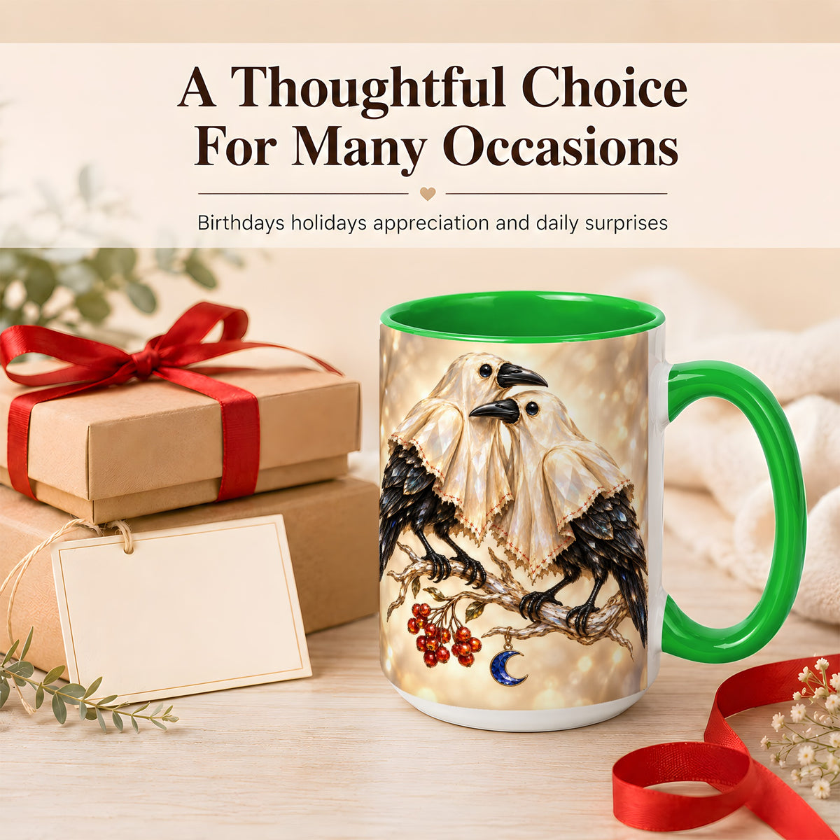 #pl[15oz|Green] Crystal Raven Coffee Mug, Moonlit Bird Mug, Ceramic Cup
