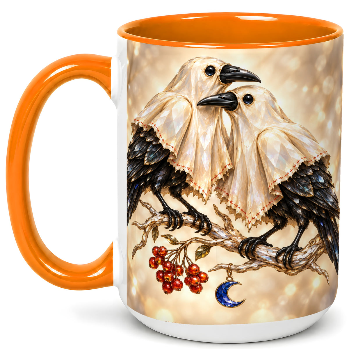 #pl[15oz|Orange] Crystal Raven Coffee Mug, Moonlit Bird Mug, Ceramic Cup