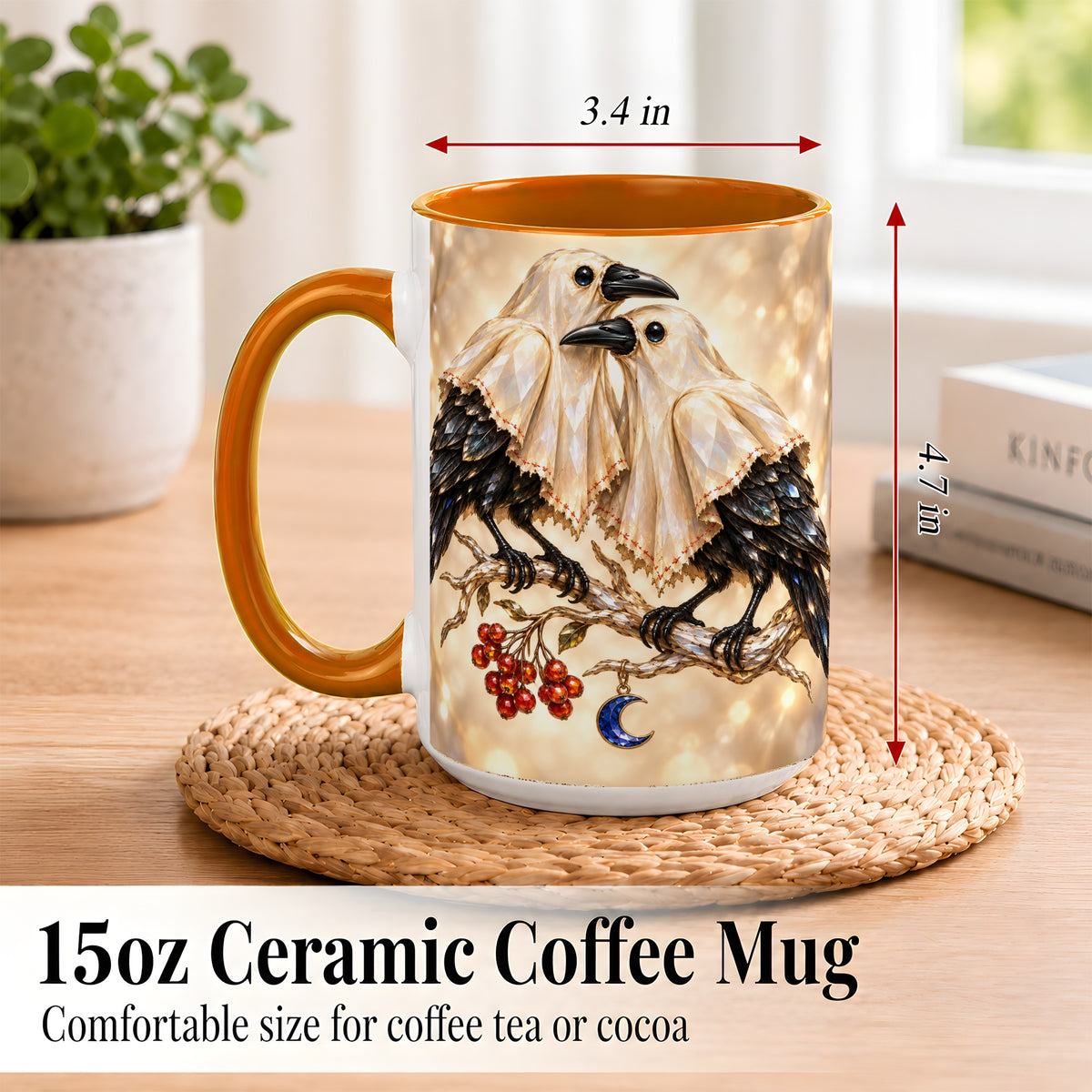 #pl[15oz|Orange] Crystal Raven Coffee Mug, Moonlit Bird Mug, Ceramic Cup