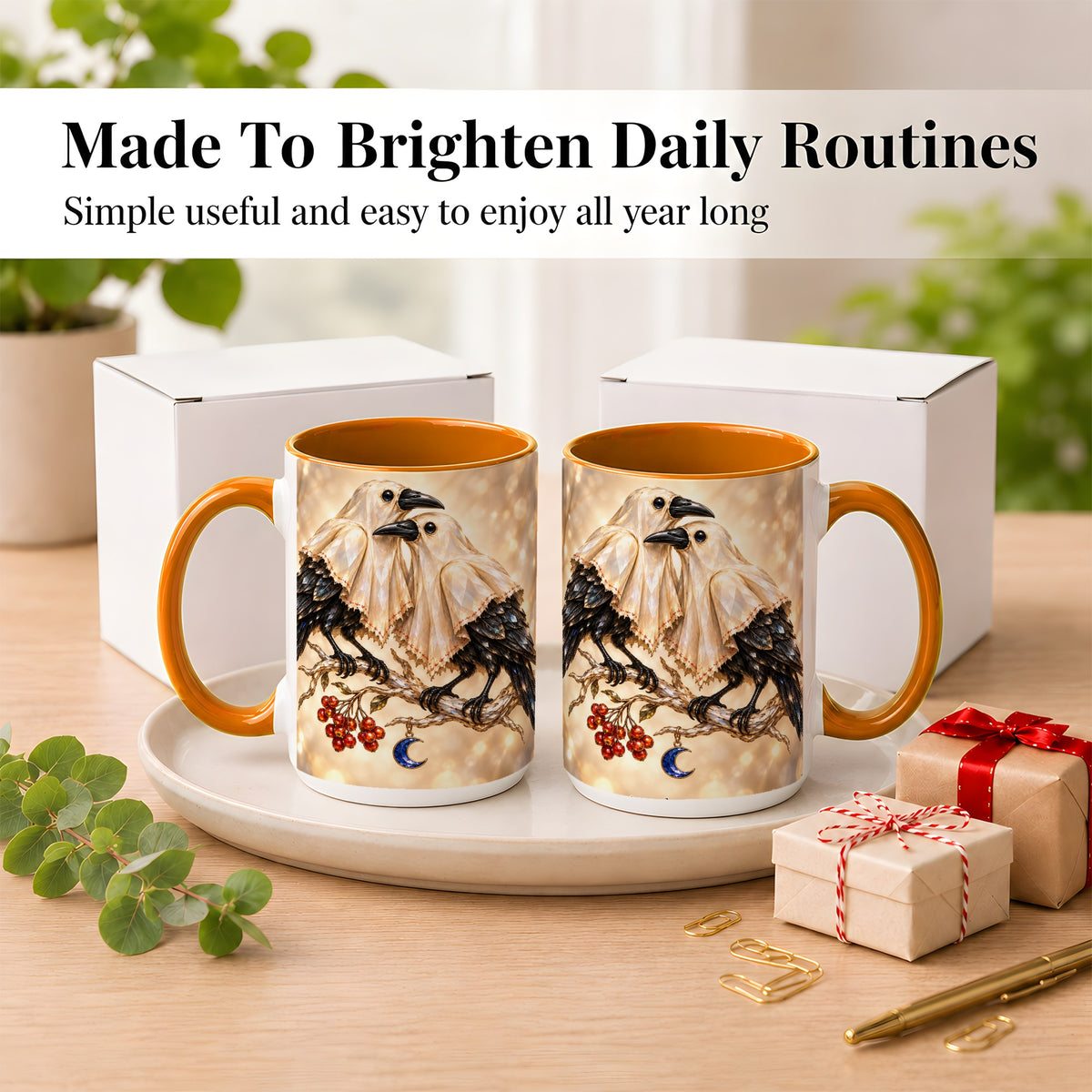 #pl[15oz|Orange] Crystal Raven Coffee Mug, Moonlit Bird Mug, Ceramic Cup
