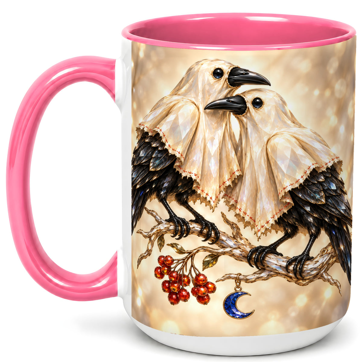 #pl[15oz|Pink] Crystal Raven Coffee Mug, Moonlit Bird Mug, Ceramic Cup