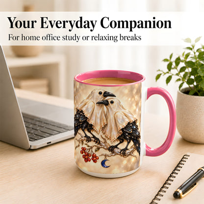 #pl[15oz|Pink] Crystal Raven Coffee Mug, Moonlit Bird Mug, Ceramic Cup