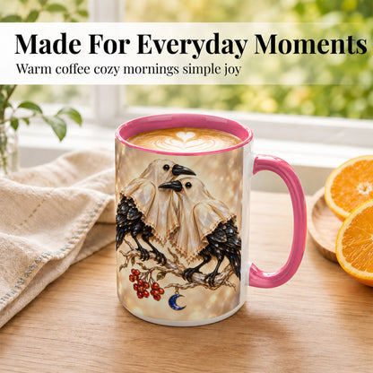#pl[15oz|Pink] Crystal Raven Coffee Mug, Moonlit Bird Mug, Ceramic Cup