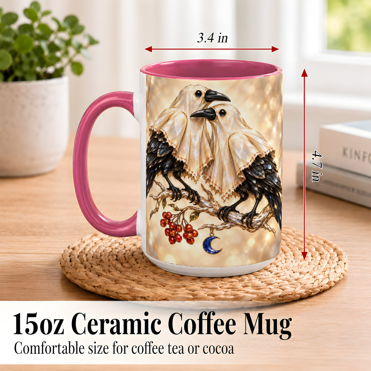 #pl[15oz|Pink] Crystal Raven Coffee Mug, Moonlit Bird Mug, Ceramic Cup