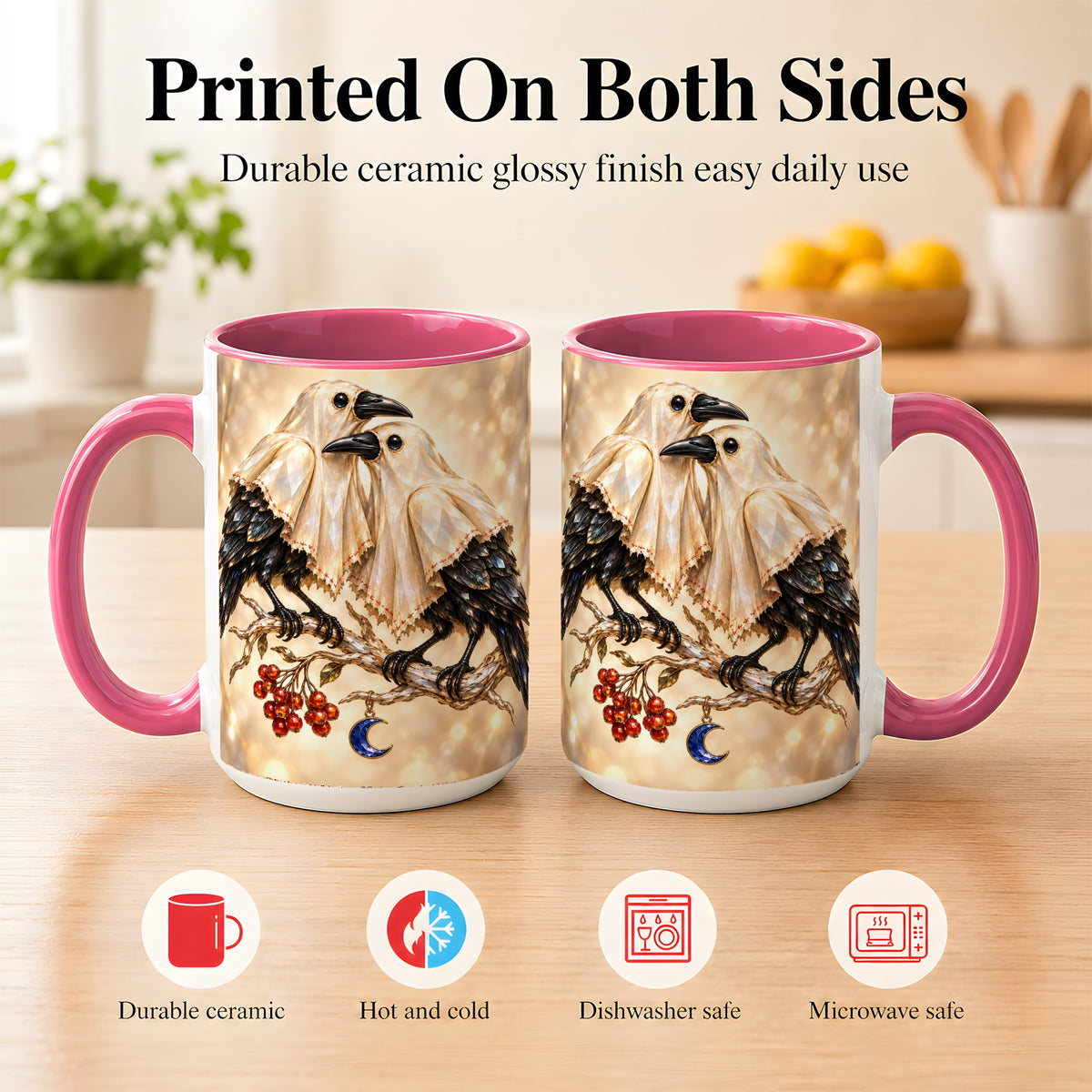#pl[15oz|Pink] Crystal Raven Coffee Mug, Moonlit Bird Mug, Ceramic Cup