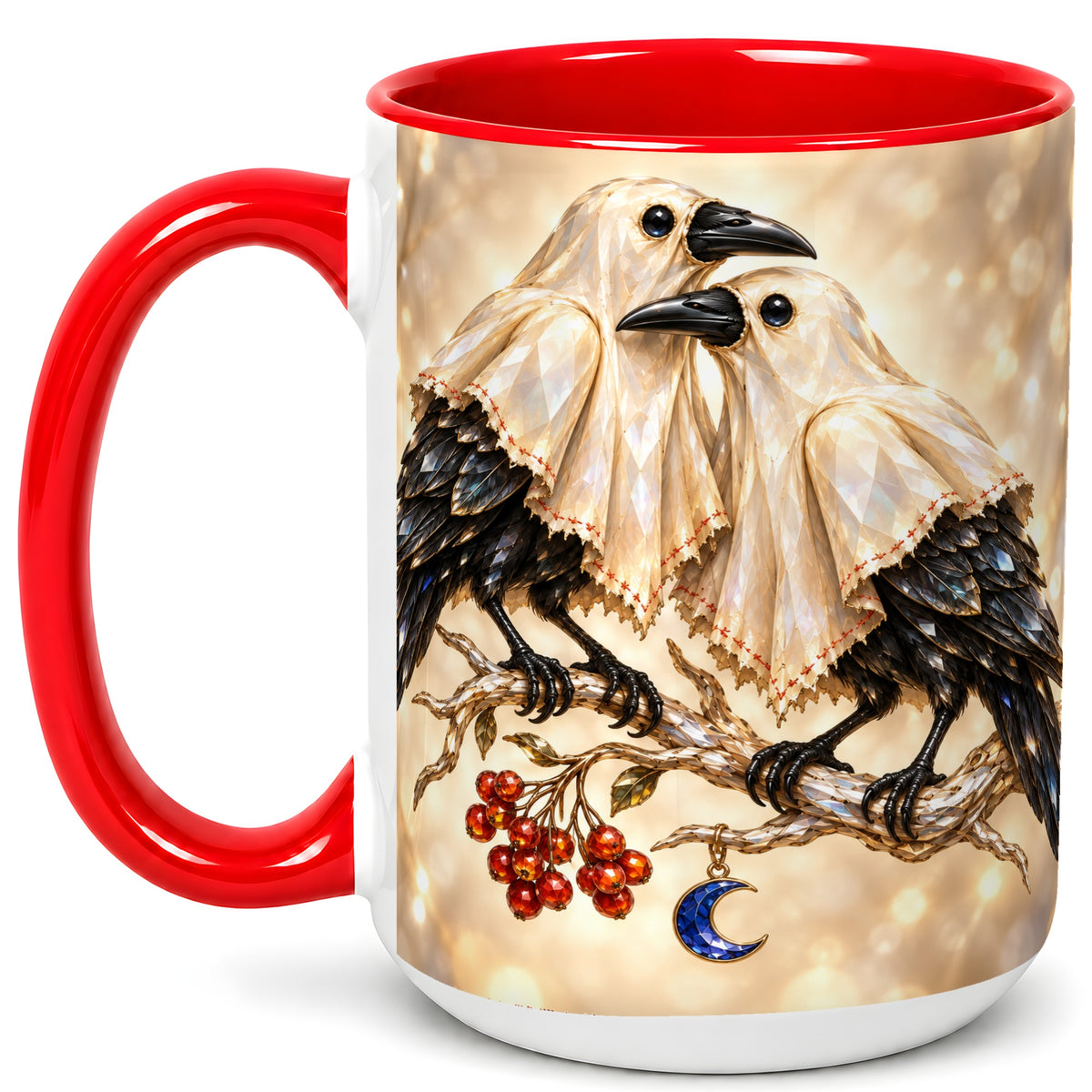 #pl[15oz|Red] Crystal Raven Coffee Mug, Moonlit Bird Mug, Ceramic Cup
