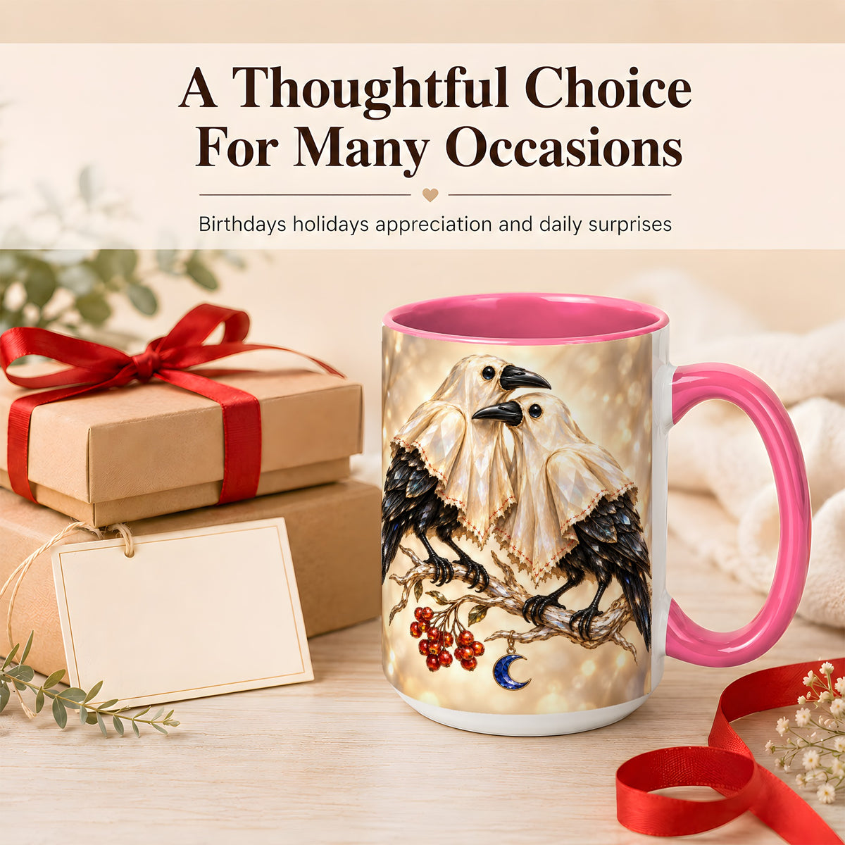 #pl[15oz|Pink] Crystal Raven Coffee Mug, Moonlit Bird Mug, Ceramic Cup