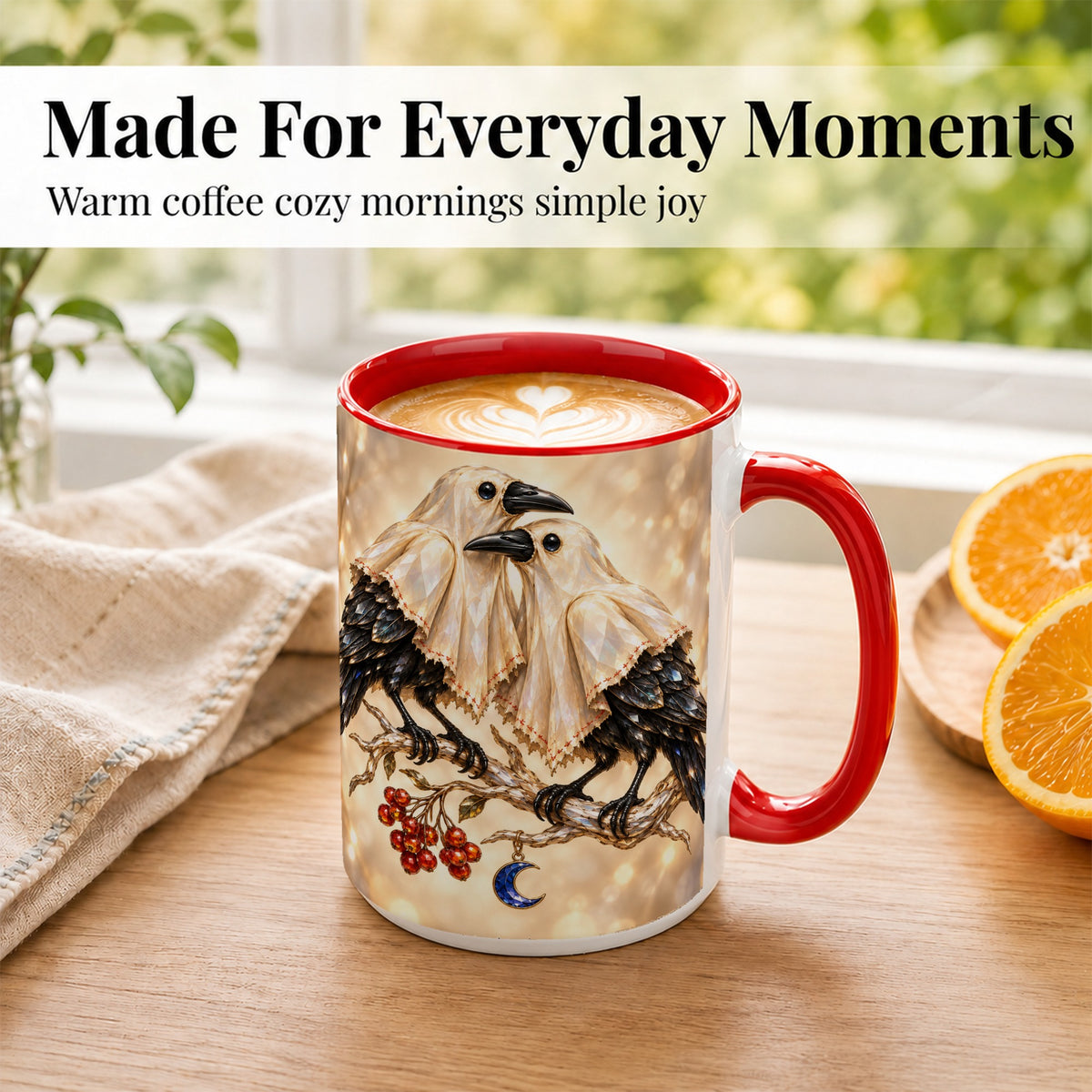 #pl[15oz|Red] Crystal Raven Coffee Mug, Moonlit Bird Mug, Ceramic Cup