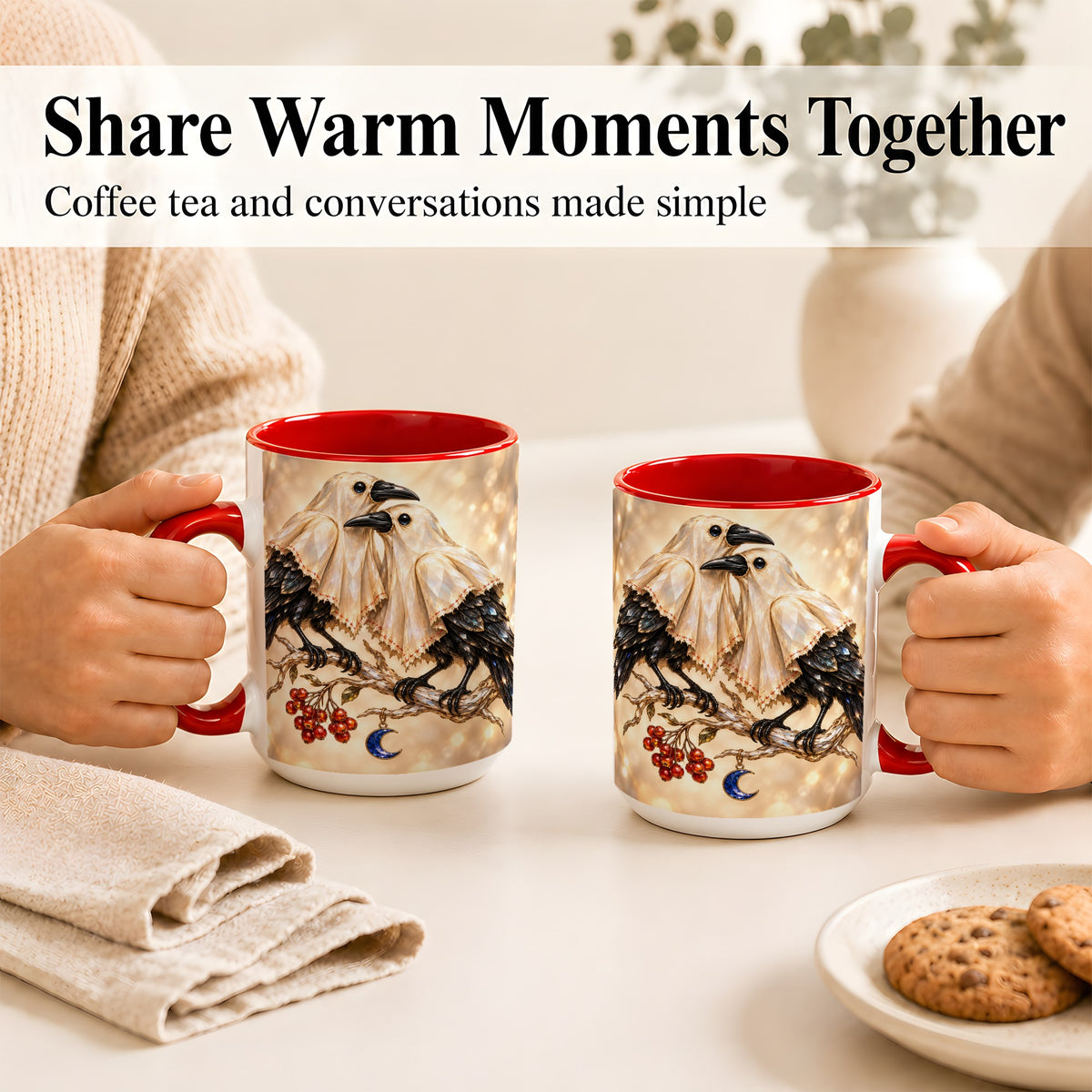 #pl[15oz|Red] Crystal Raven Coffee Mug, Moonlit Bird Mug, Ceramic Cup