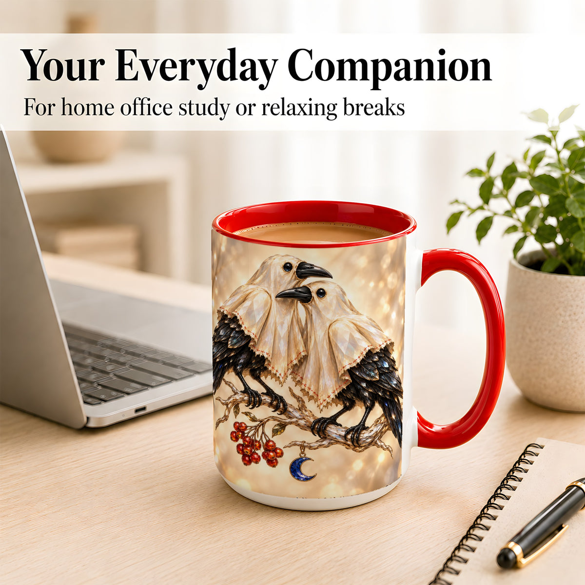 #pl[15oz|Red] Crystal Raven Coffee Mug, Moonlit Bird Mug, Ceramic Cup