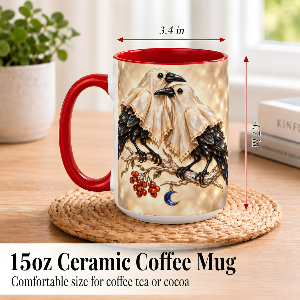 #pl[15oz|Red] Crystal Raven Coffee Mug, Moonlit Bird Mug, Ceramic Cup