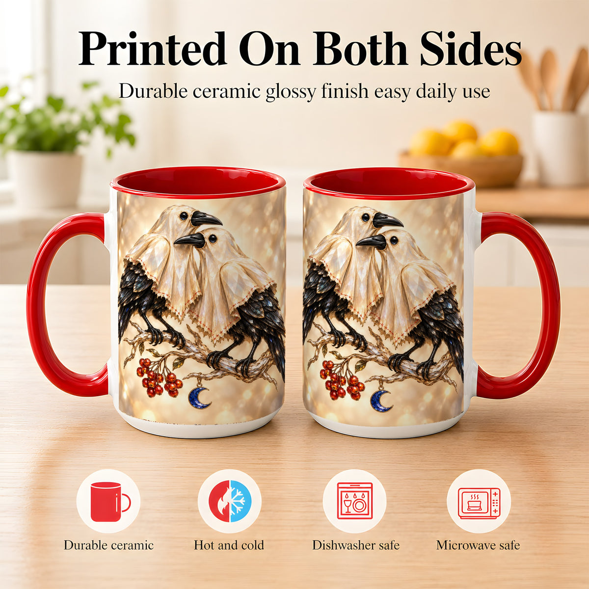#pl[15oz|Red] Crystal Raven Coffee Mug, Moonlit Bird Mug, Ceramic Cup