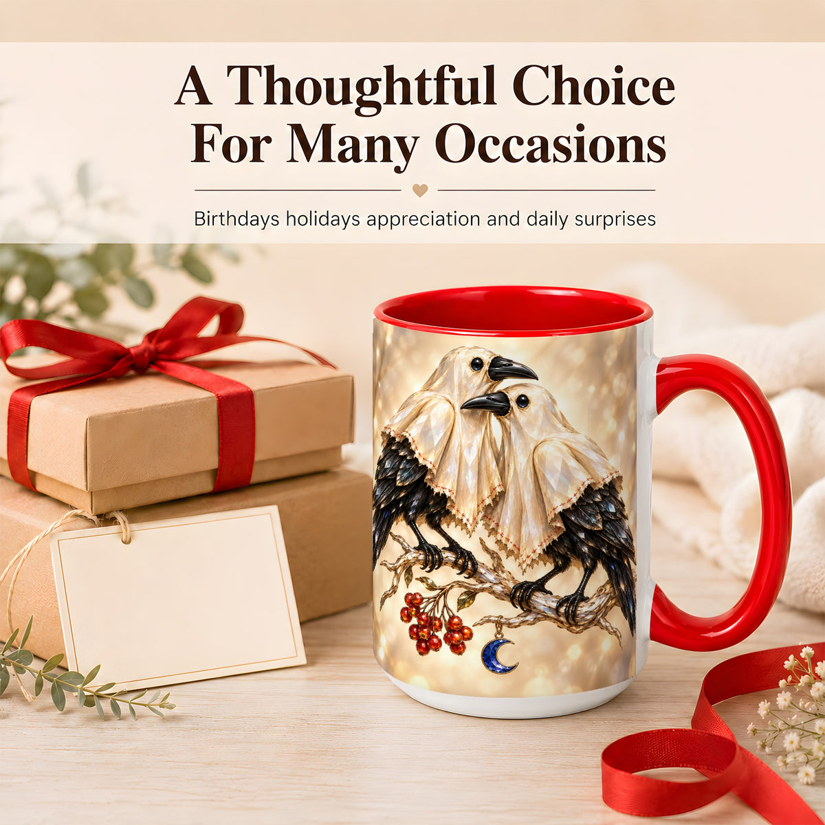 #pl[15oz|Red] Crystal Raven Coffee Mug, Moonlit Bird Mug, Ceramic Cup