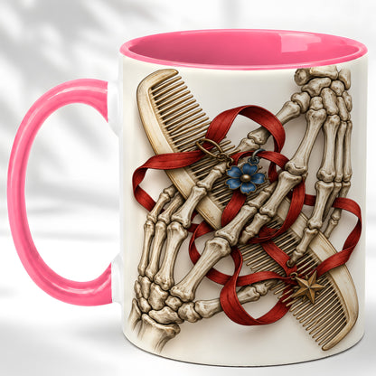 #pl[11oz|Pink] Skeleton Hands Coffee Mug, Hair Comb Mug, Ceramic Cup