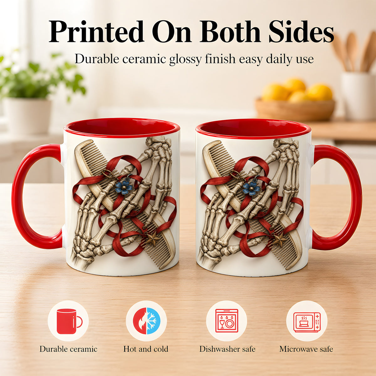 #pl[11oz|Red] Skeleton Hands Coffee Mug, Hair Comb Mug, Ceramic Cup