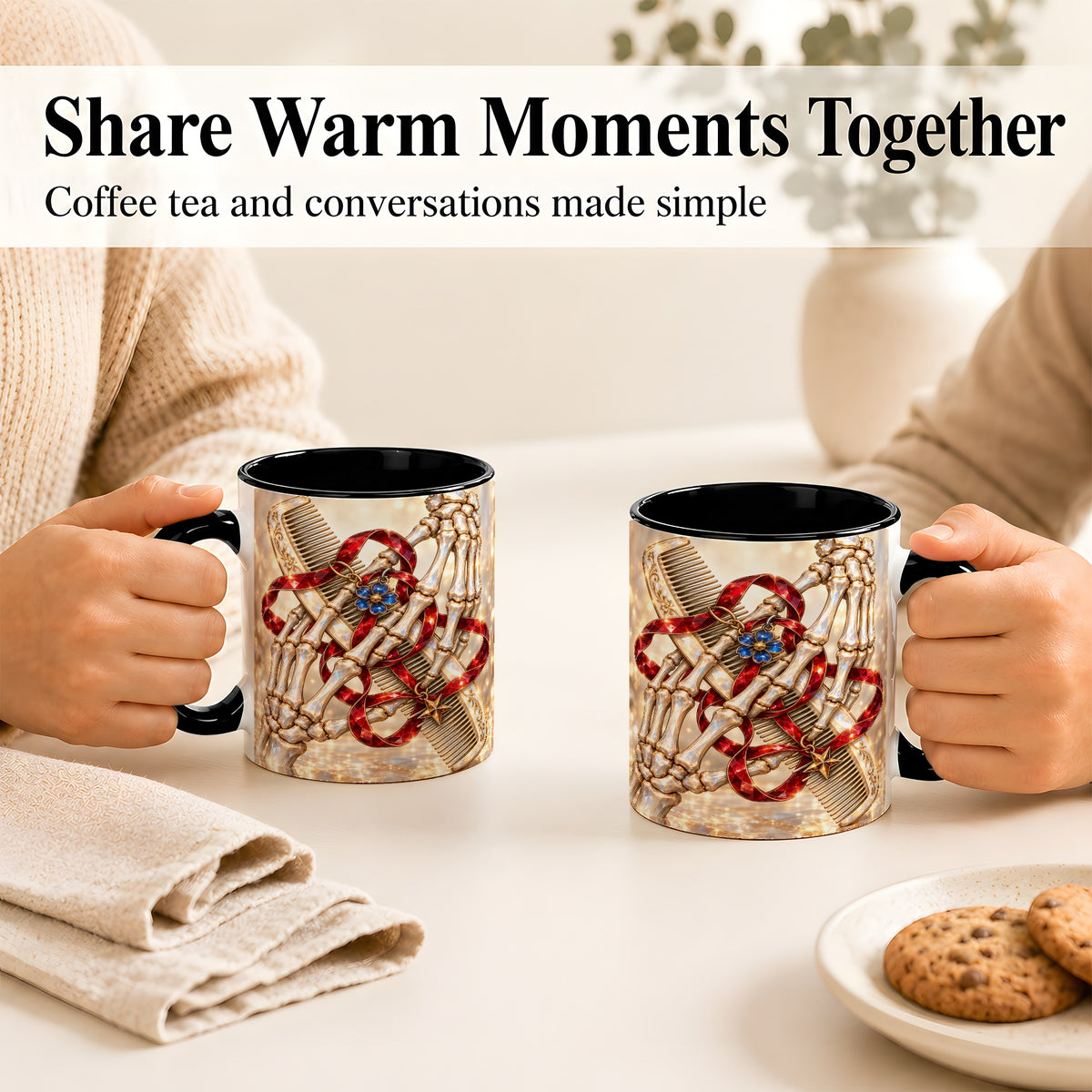 #pl[11oz|Black] Gemstone Skeleton Hands Coffee Mug, Hair Comb Mug, Ceramic Cup