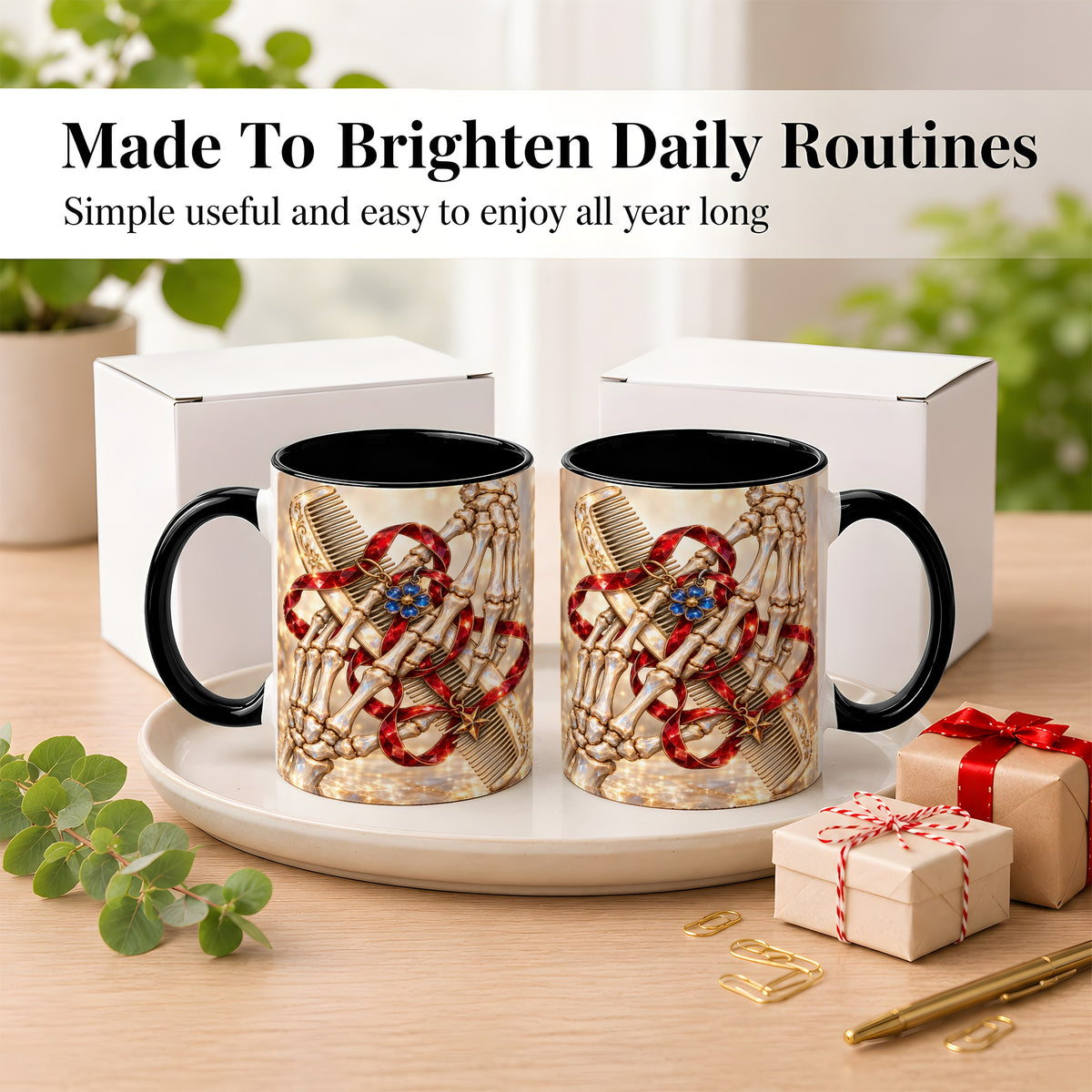 #pl[11oz|Black] Gemstone Skeleton Hands Coffee Mug, Hair Comb Mug, Ceramic Cup