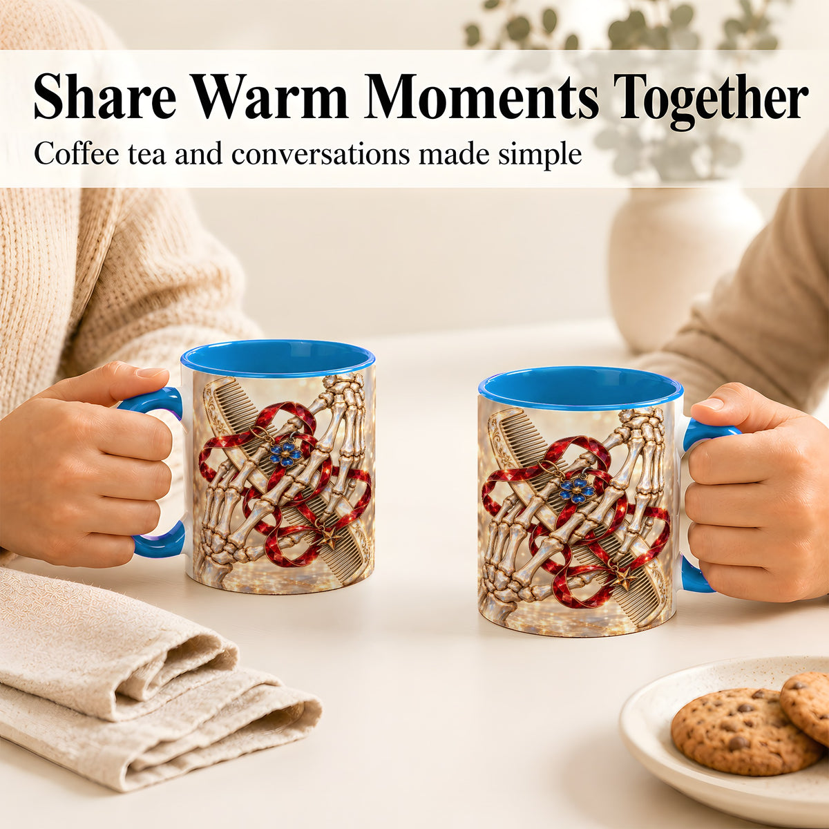 #pl[11oz|Blue] Gemstone Skeleton Hands Coffee Mug, Hair Comb Mug, Ceramic Cup