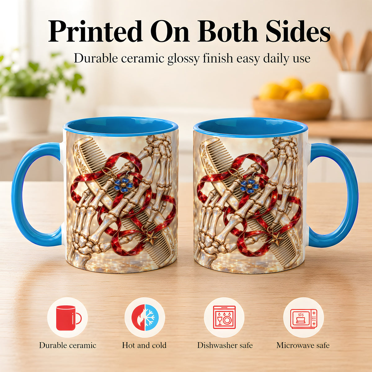 #pl[11oz|Blue] Gemstone Skeleton Hands Coffee Mug, Hair Comb Mug, Ceramic Cup