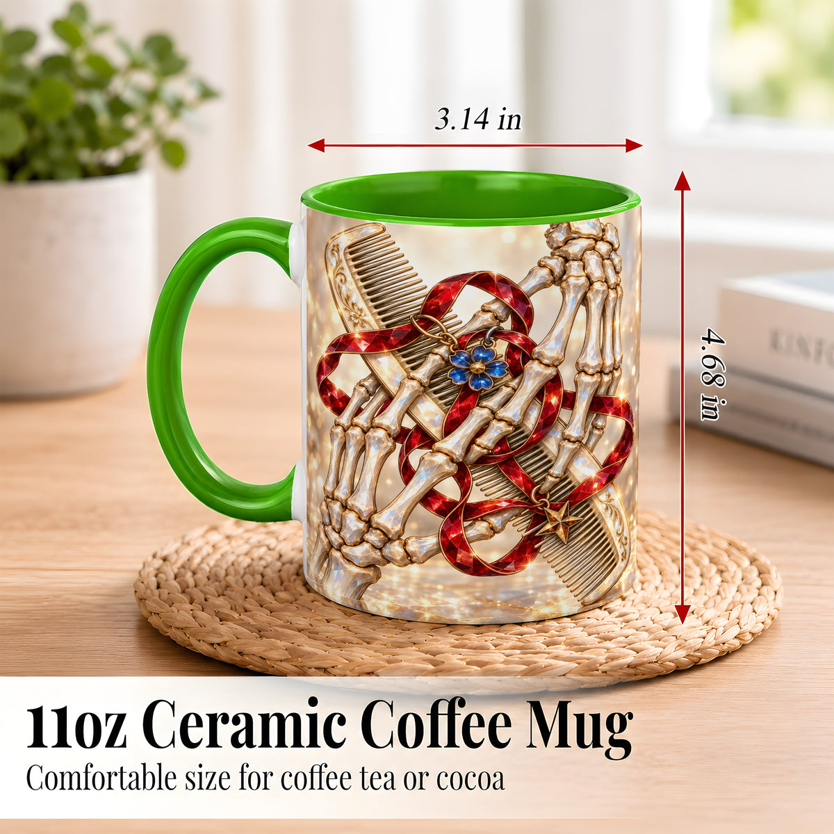 #pl[11oz|Green] Gemstone Skeleton Hands Coffee Mug, Hair Comb Mug, Ceramic Cup