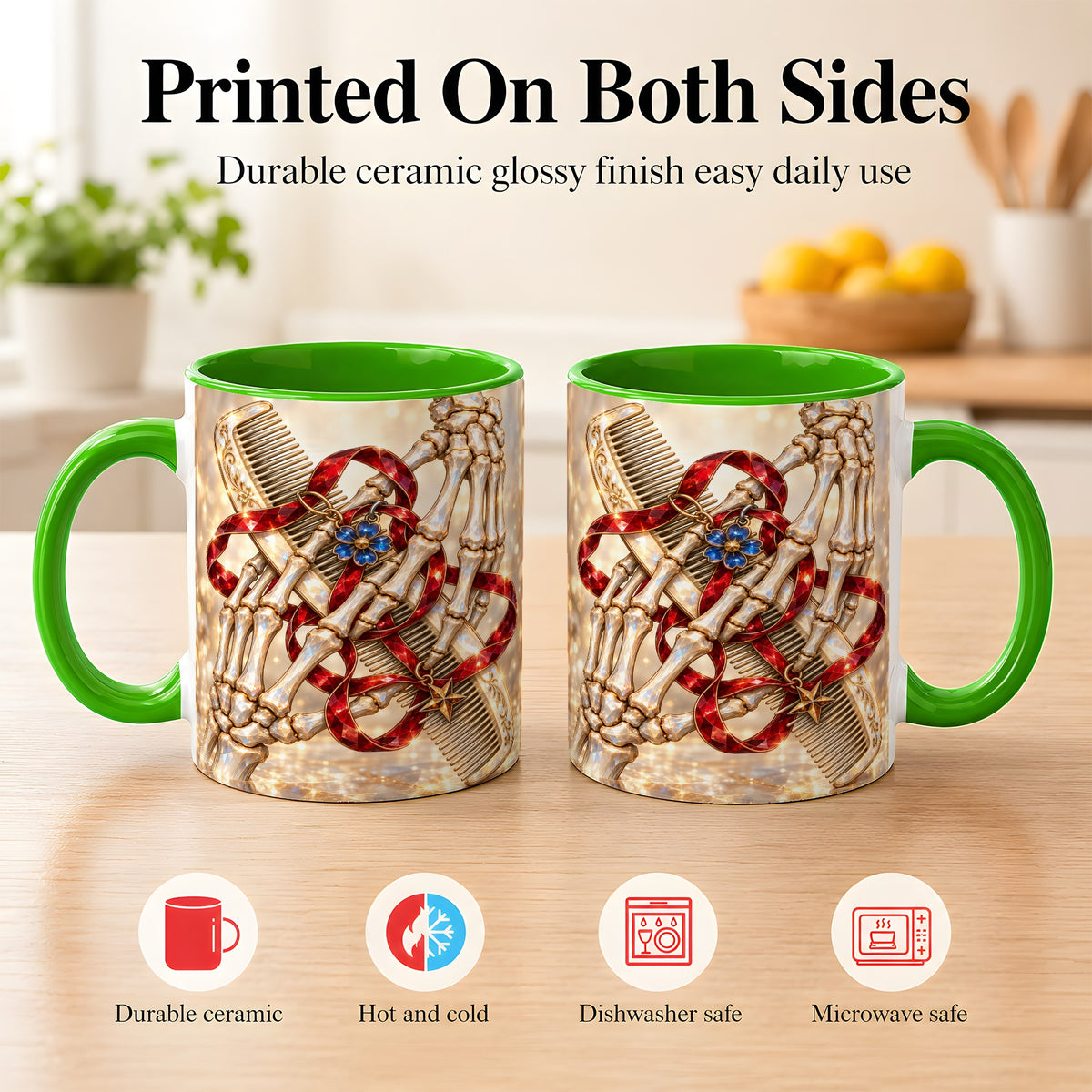 #pl[11oz|Green] Gemstone Skeleton Hands Coffee Mug, Hair Comb Mug, Ceramic Cup