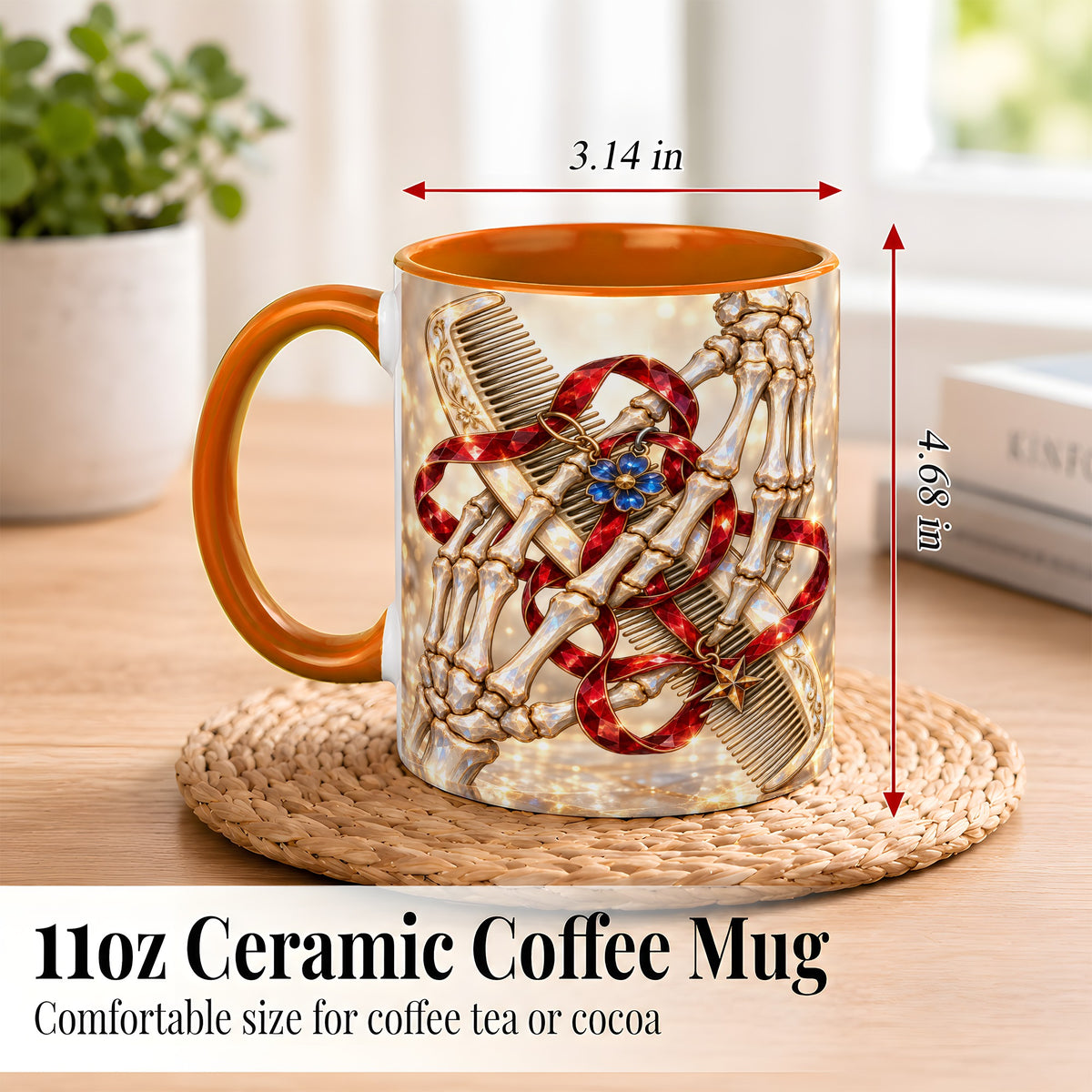 #pl[11oz|Orange] Gemstone Skeleton Hands Coffee Mug, Hair Comb Mug, Ceramic Cup