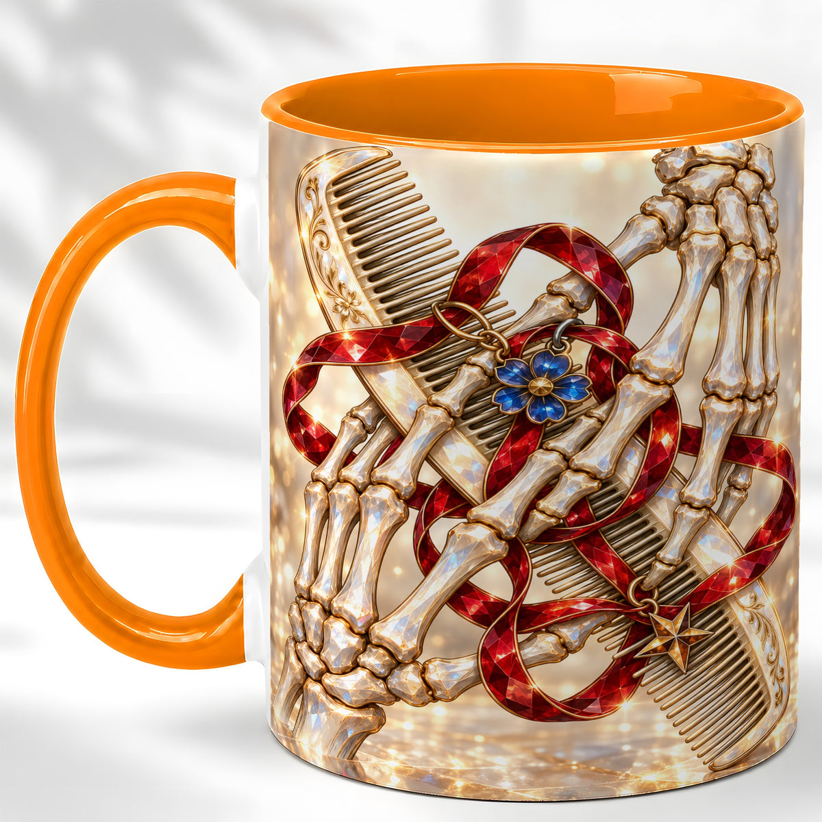 #pl[11oz|Orange] Gemstone Skeleton Hands Coffee Mug, Hair Comb Mug, Ceramic Cup
