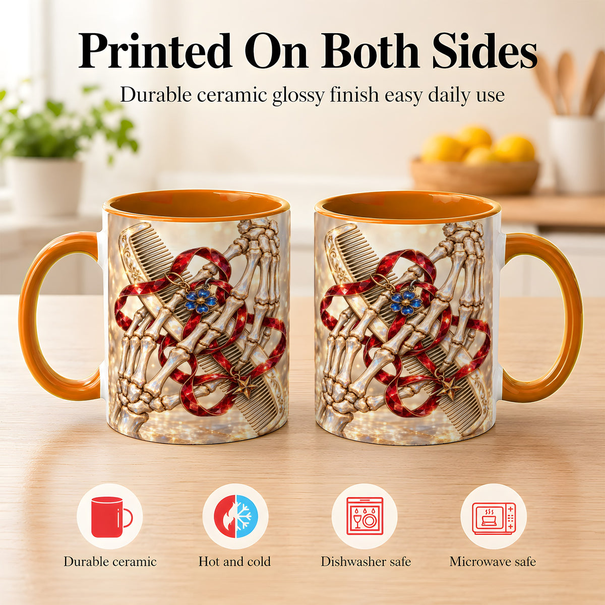 #pl[11oz|Orange] Gemstone Skeleton Hands Coffee Mug, Hair Comb Mug, Ceramic Cup