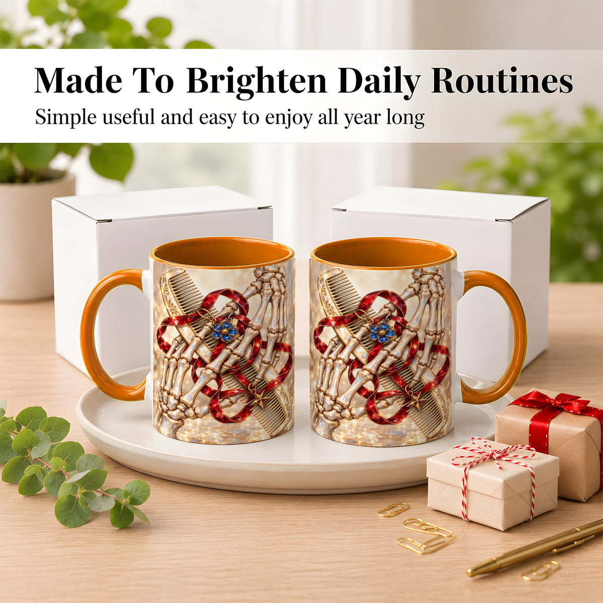 #pl[11oz|Orange] Gemstone Skeleton Hands Coffee Mug, Hair Comb Mug, Ceramic Cup