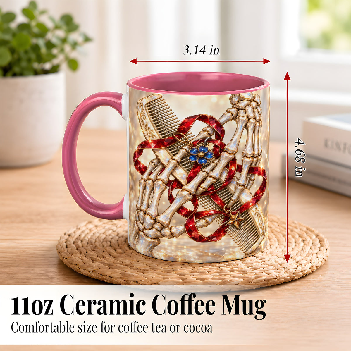#pl[11oz|Pink] Gemstone Skeleton Hands Coffee Mug, Hair Comb Mug, Ceramic Cup