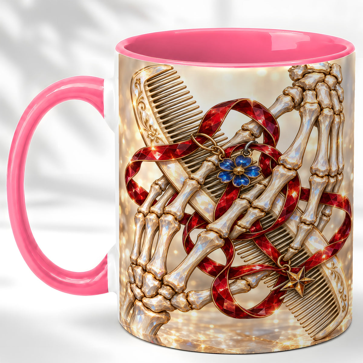 #pl[11oz|Pink] Gemstone Skeleton Hands Coffee Mug, Hair Comb Mug, Ceramic Cup