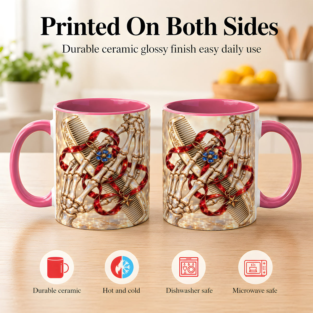 #pl[11oz|Pink] Gemstone Skeleton Hands Coffee Mug, Hair Comb Mug, Ceramic Cup