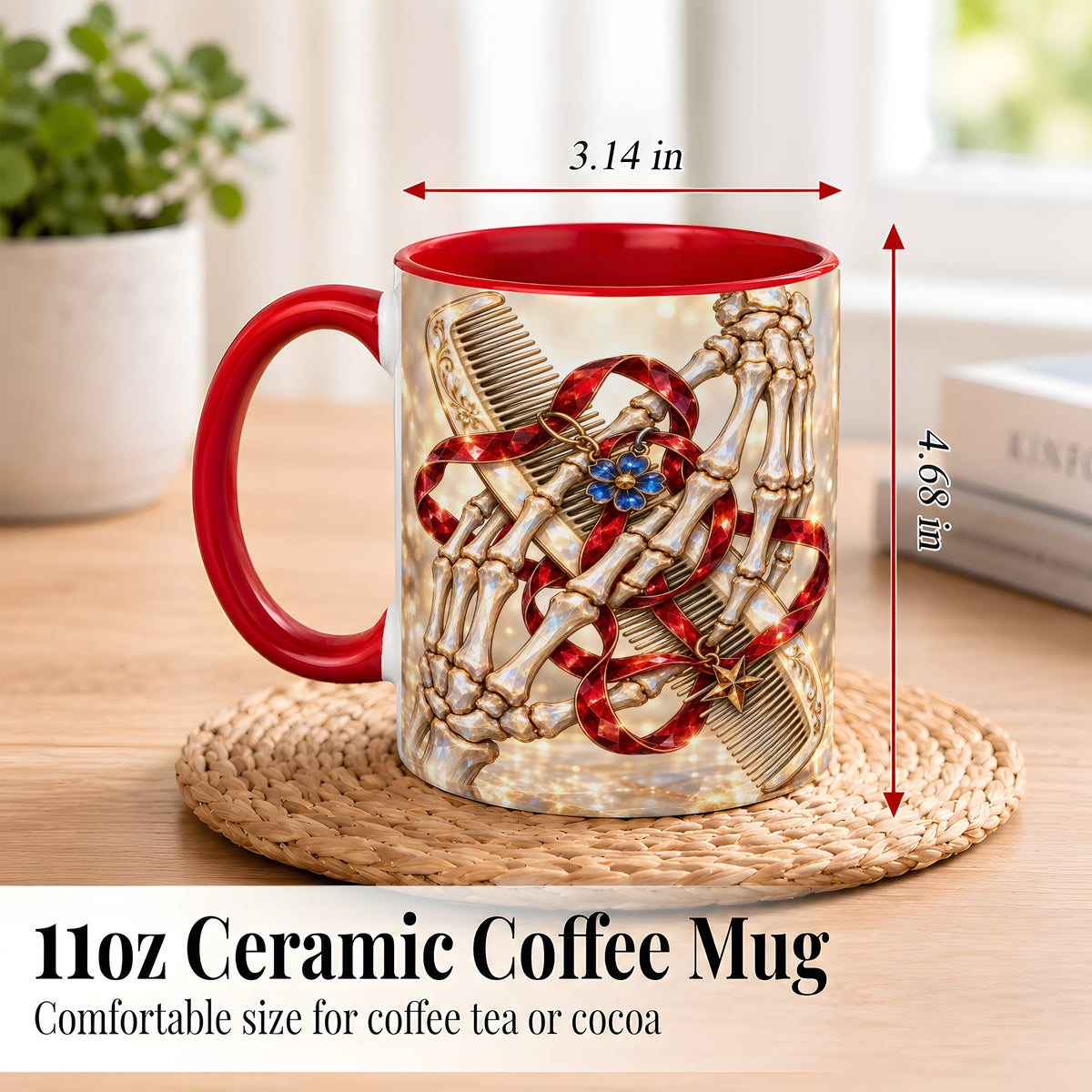 #pl[11oz|Red] Gemstone Skeleton Hands Coffee Mug, Hair Comb Mug, Ceramic Cup