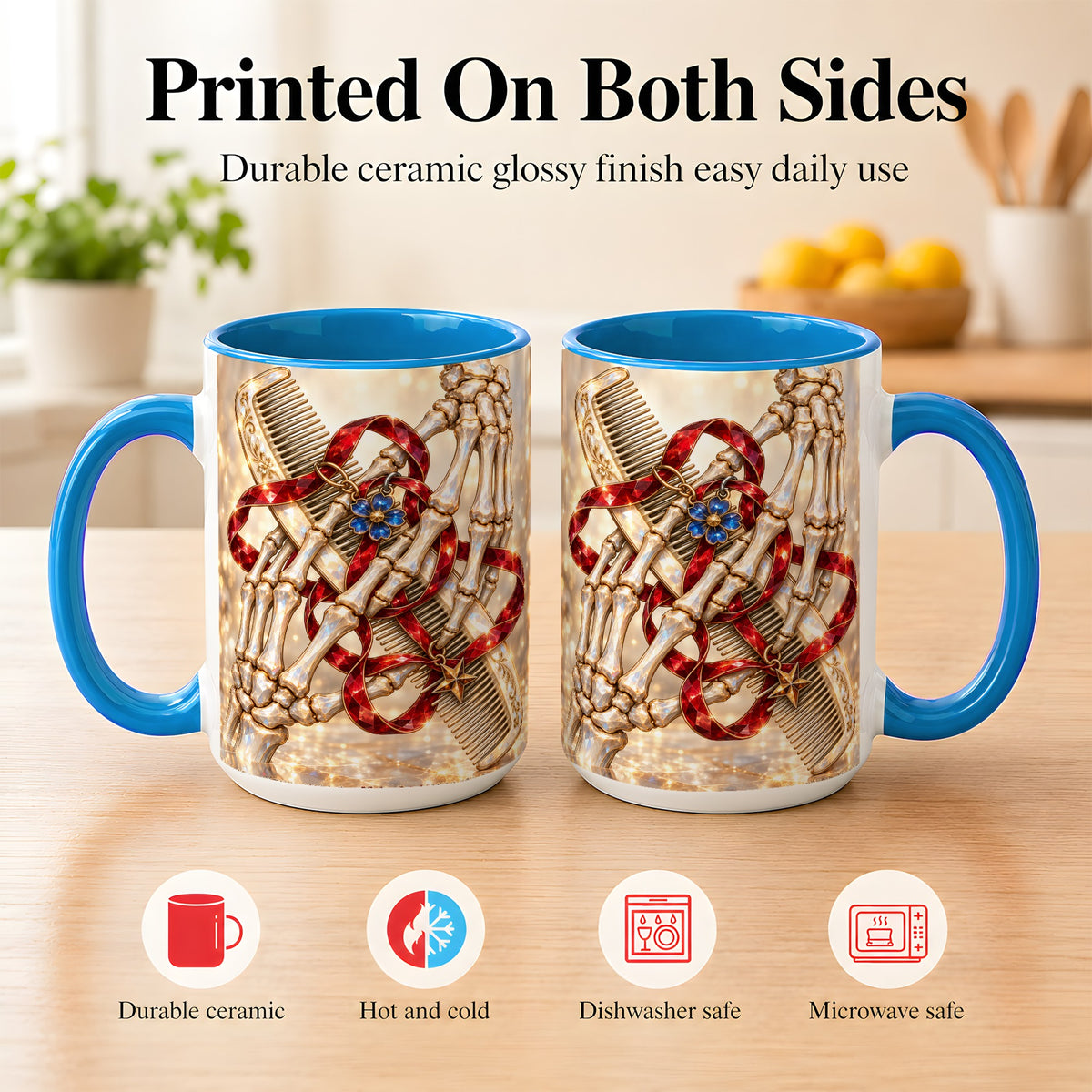 #pl[15oz|Blue] Gemstone Skeleton Hands Coffee Mug, Hair Comb Mug, Ceramic Cup