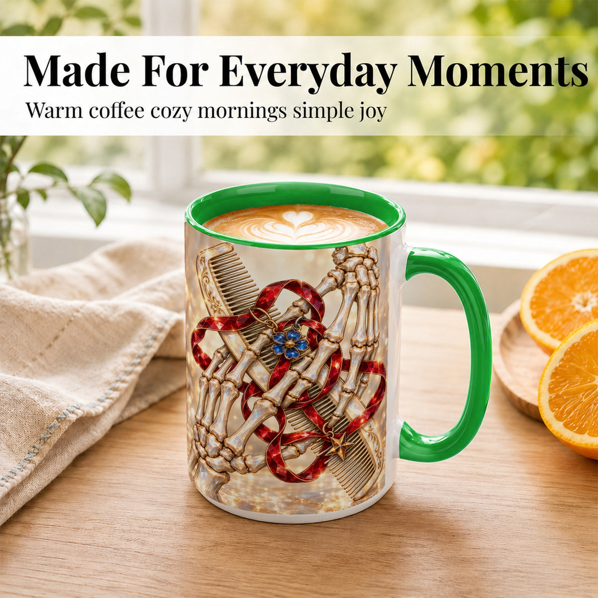 #pl[15oz|Green] Gemstone Skeleton Hands Coffee Mug, Hair Comb Mug, Ceramic Cup