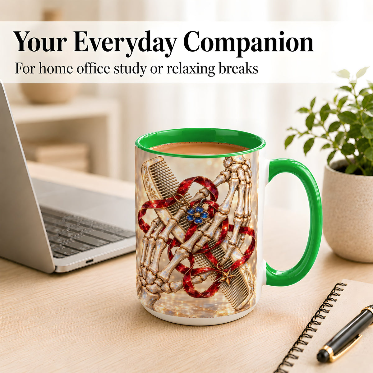 #pl[15oz|Green] Gemstone Skeleton Hands Coffee Mug, Hair Comb Mug, Ceramic Cup