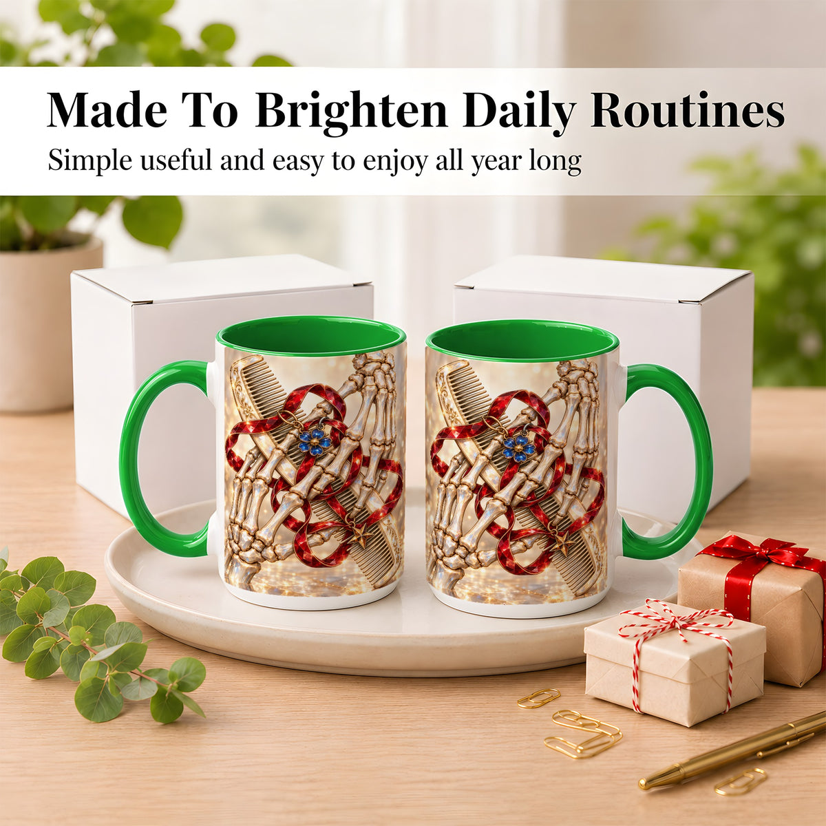 #pl[15oz|Green] Gemstone Skeleton Hands Coffee Mug, Hair Comb Mug, Ceramic Cup