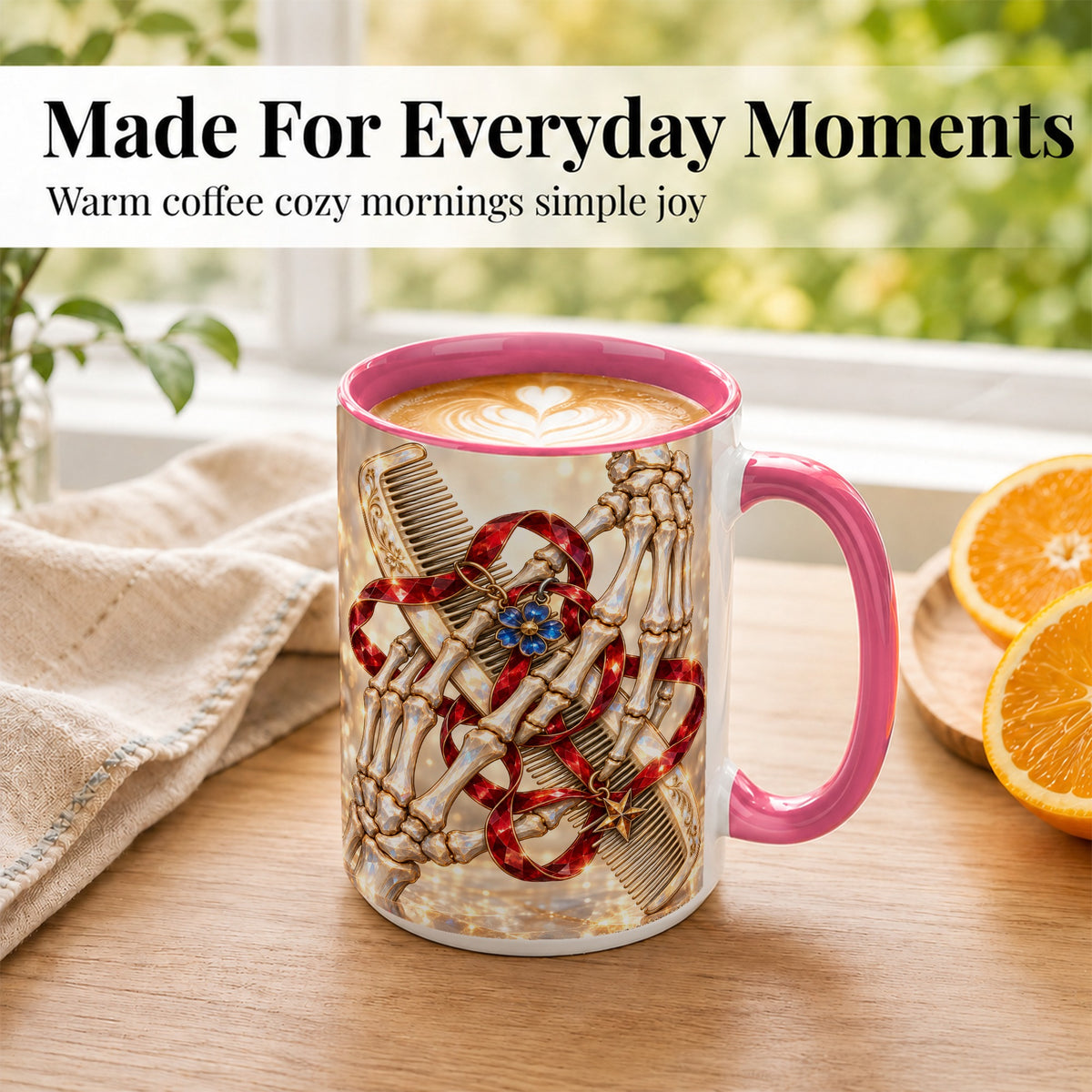 #pl[15oz|Pink] Gemstone Skeleton Hands Coffee Mug, Hair Comb Mug, Ceramic Cup