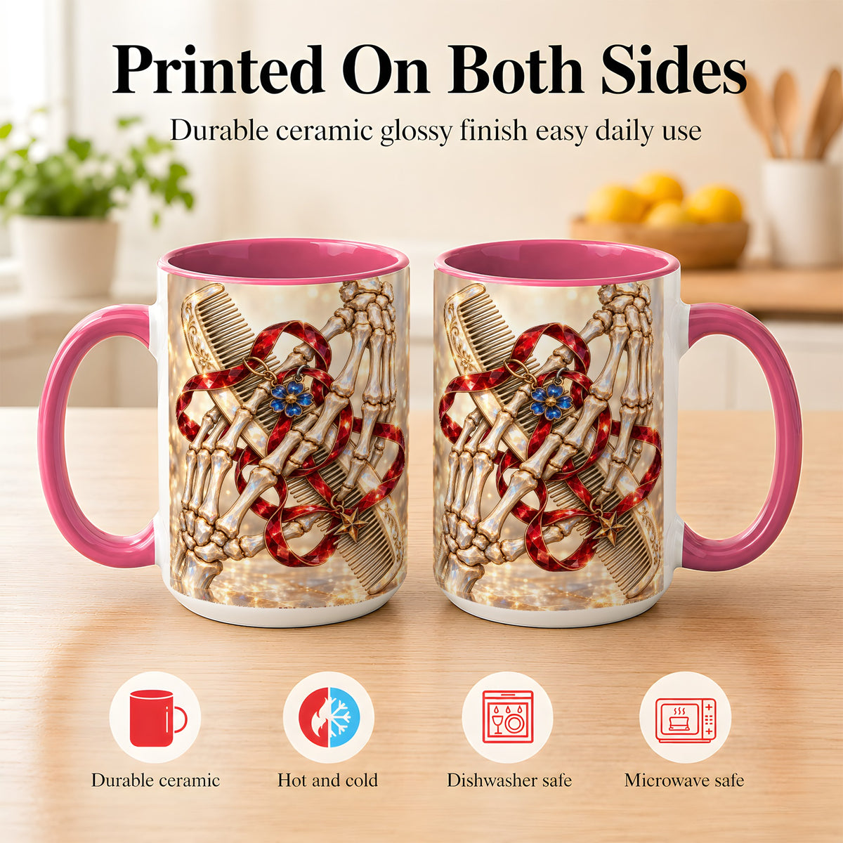 #pl[15oz|Pink] Gemstone Skeleton Hands Coffee Mug, Hair Comb Mug, Ceramic Cup