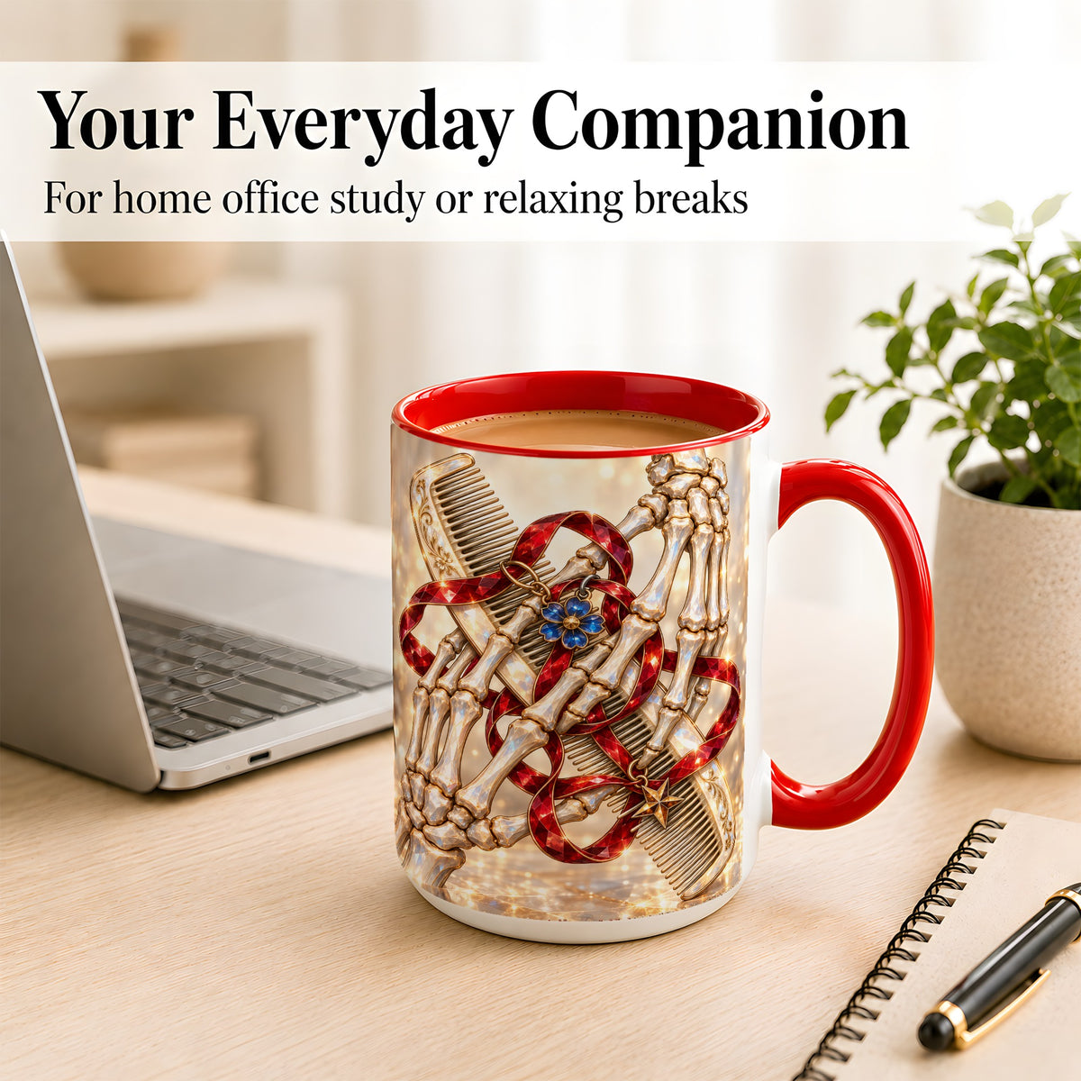 #pl[15oz|Red] Gemstone Skeleton Hands Coffee Mug, Hair Comb Mug, Ceramic Cup