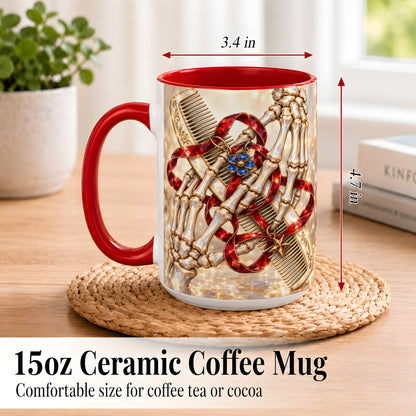#pl[15oz|Red] Gemstone Skeleton Hands Coffee Mug, Hair Comb Mug, Ceramic Cup