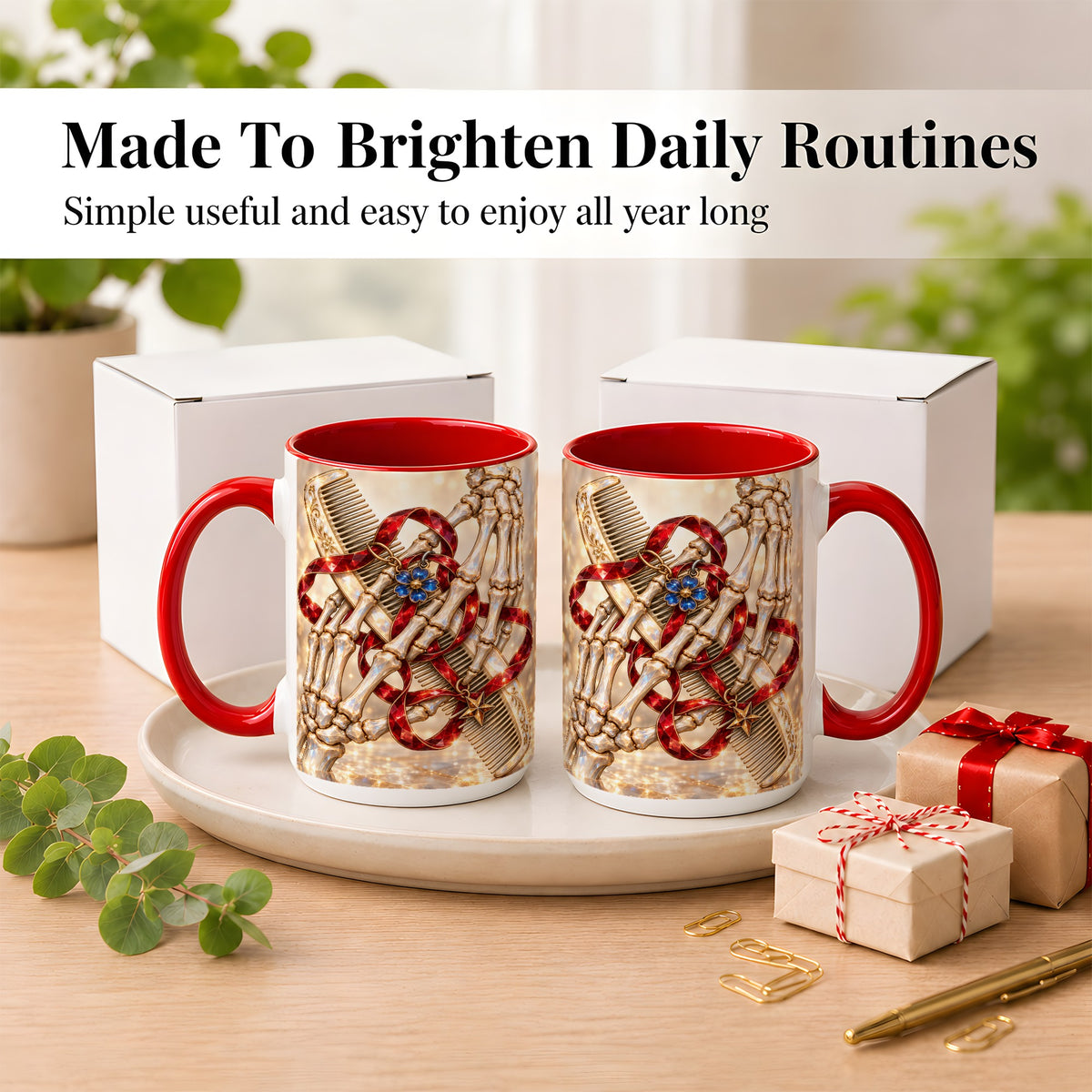 #pl[15oz|Red] Gemstone Skeleton Hands Coffee Mug, Hair Comb Mug, Ceramic Cup